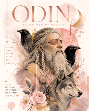 Pink Abstract Style - Odin with His Wolf and Ravens - Norse Mythology Art Print