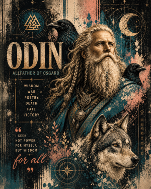 Pink Celestial - Odin with His Wolf and Ravens - Norse Mythology Art Print