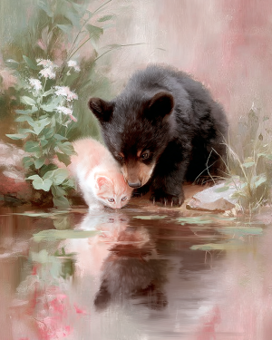 Pink Scene of Cub and Kitten Drinking From Pond - Black Bear Art Print