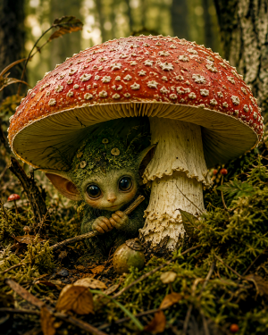 Pixie Under Amanita - Mushroom Wall Art