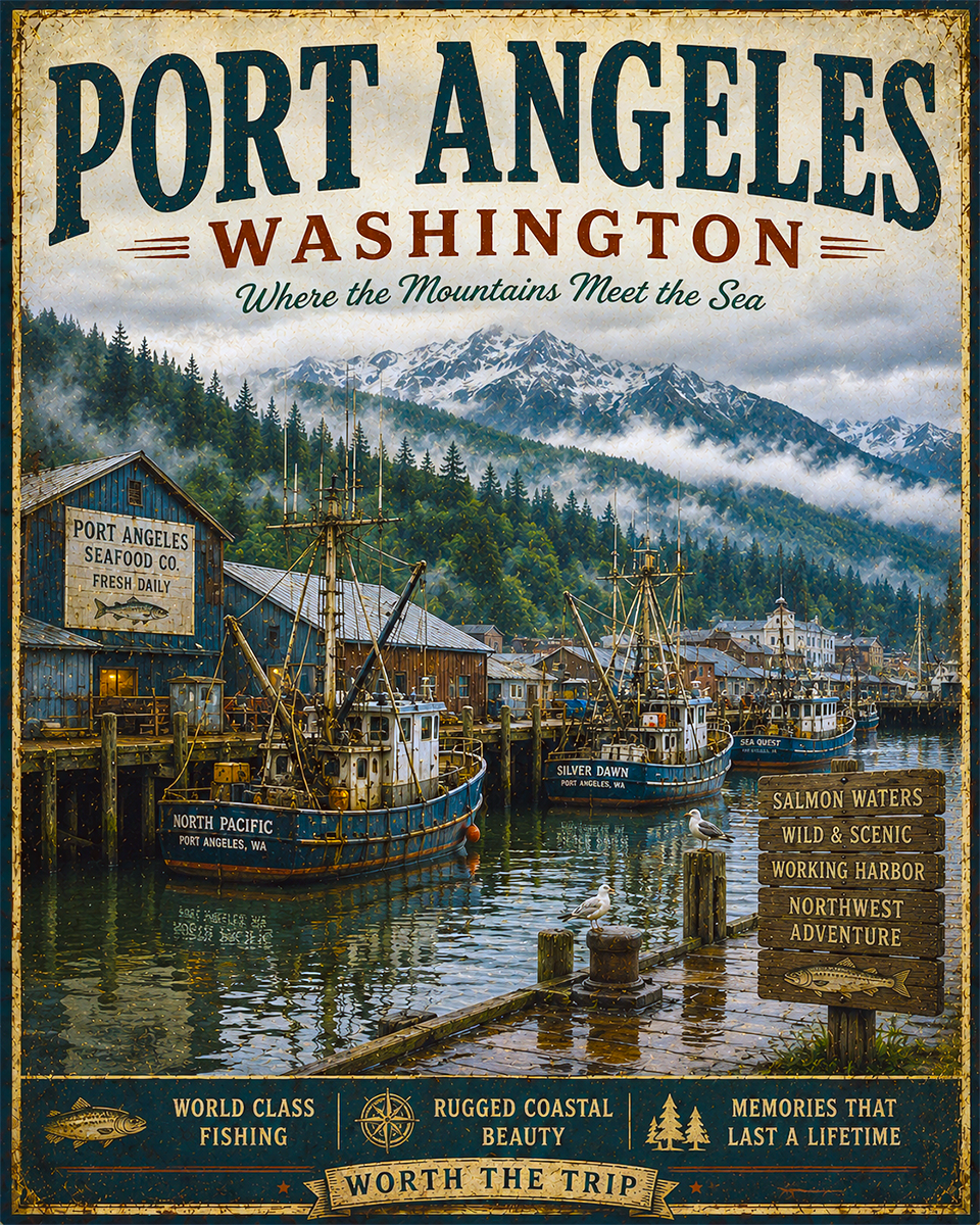 Port Angeles Washington Fishing Art Print - Vintage Lake and Fly Fishing Wall Decor