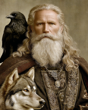 Portrait Odin with His Wolf and Ravens - Norse Mythology Art Print