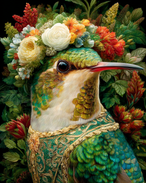 Princess Bird with Flower Crown - Humingbird Art Print