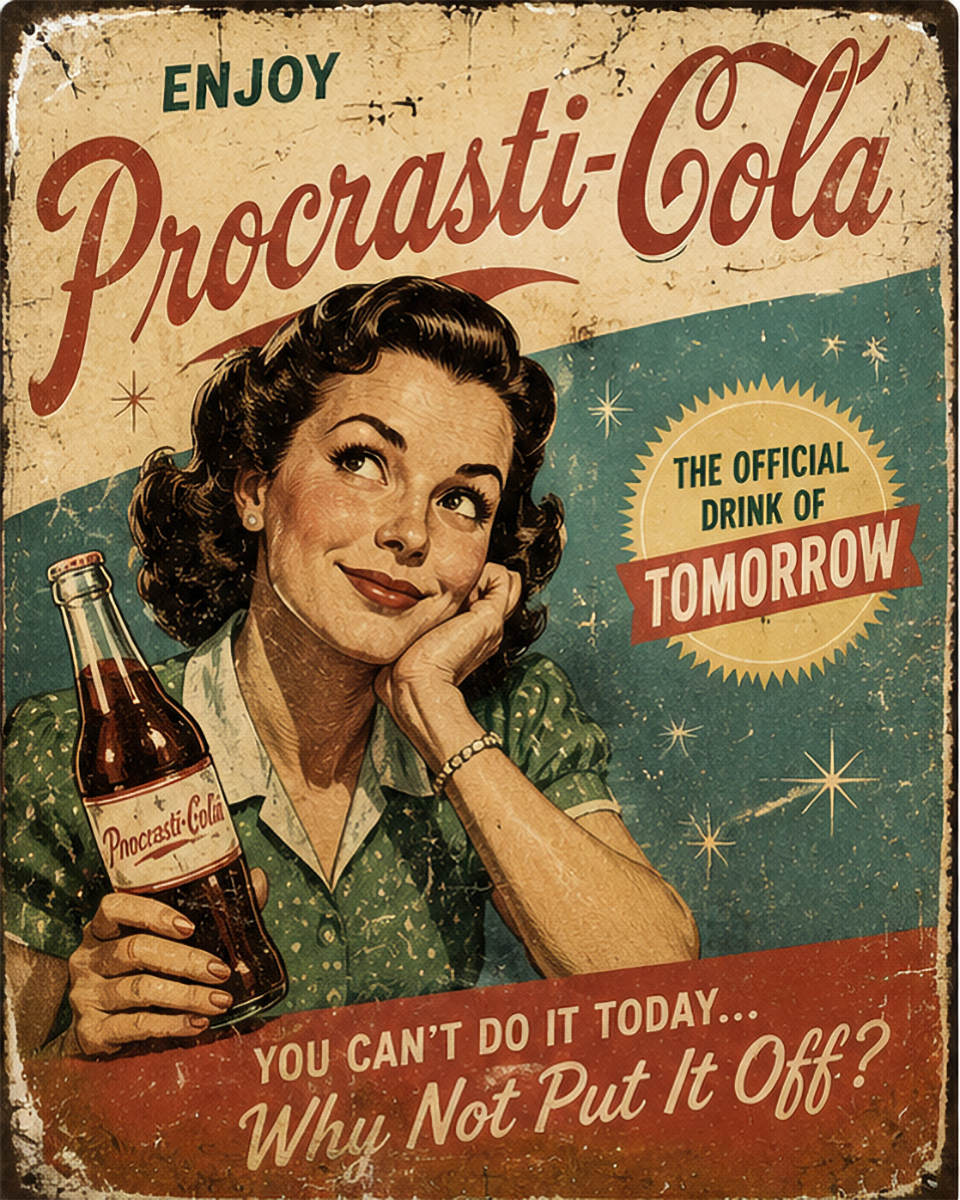 Procrasti Cola - Vintage Advertising Parody Soda Ad