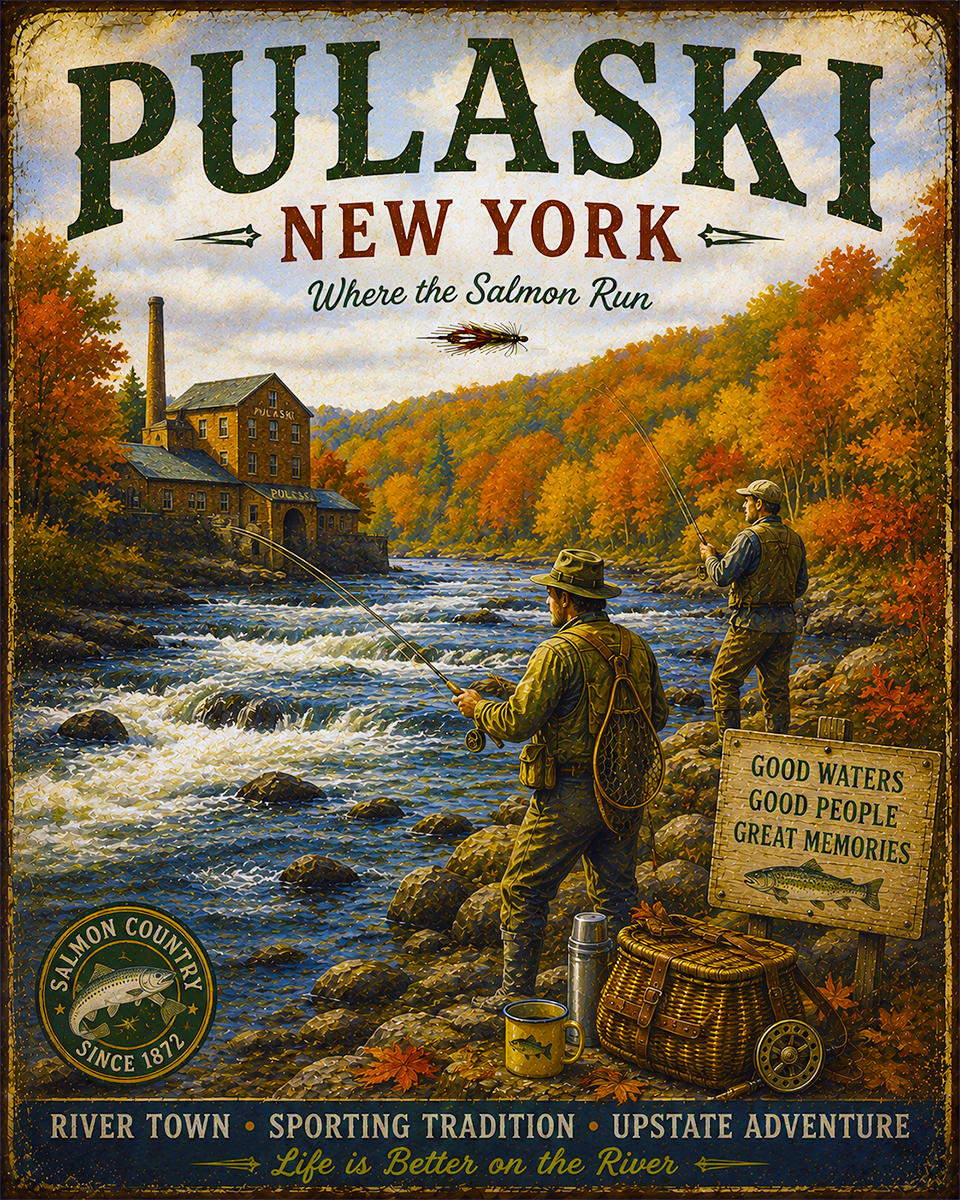 Pulaski New York Fishing Art Print - Vintage Lake and Fly Fishing Wall Decor