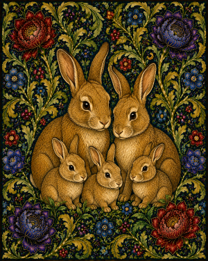 Rabbit Family - 19th Century Arts and Crafts Style Art Print