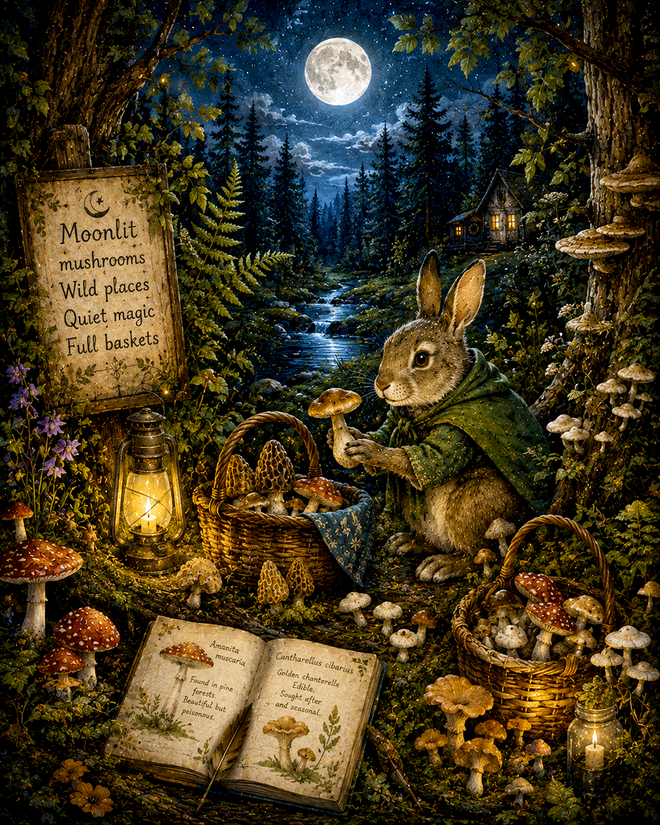 Rabbit Foraging for Mushrooms - Cottagecore Home Decor