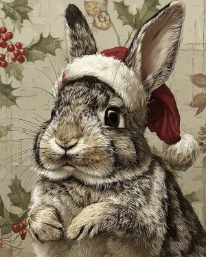 Rabbit in Santa Hat - Christmas Art Prints