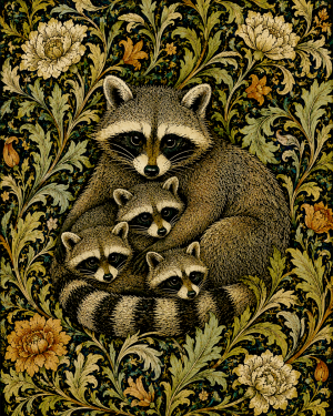 Raccoon Family - 19th Century Arts and Crafts Style Art Print