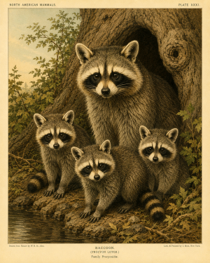Raccoon Family - Vintage Wildlife Art - Antique Nature Illustration