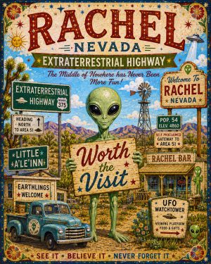 Rachel Nevada - Folk Art Style Alien Worth The Trip Art Print
