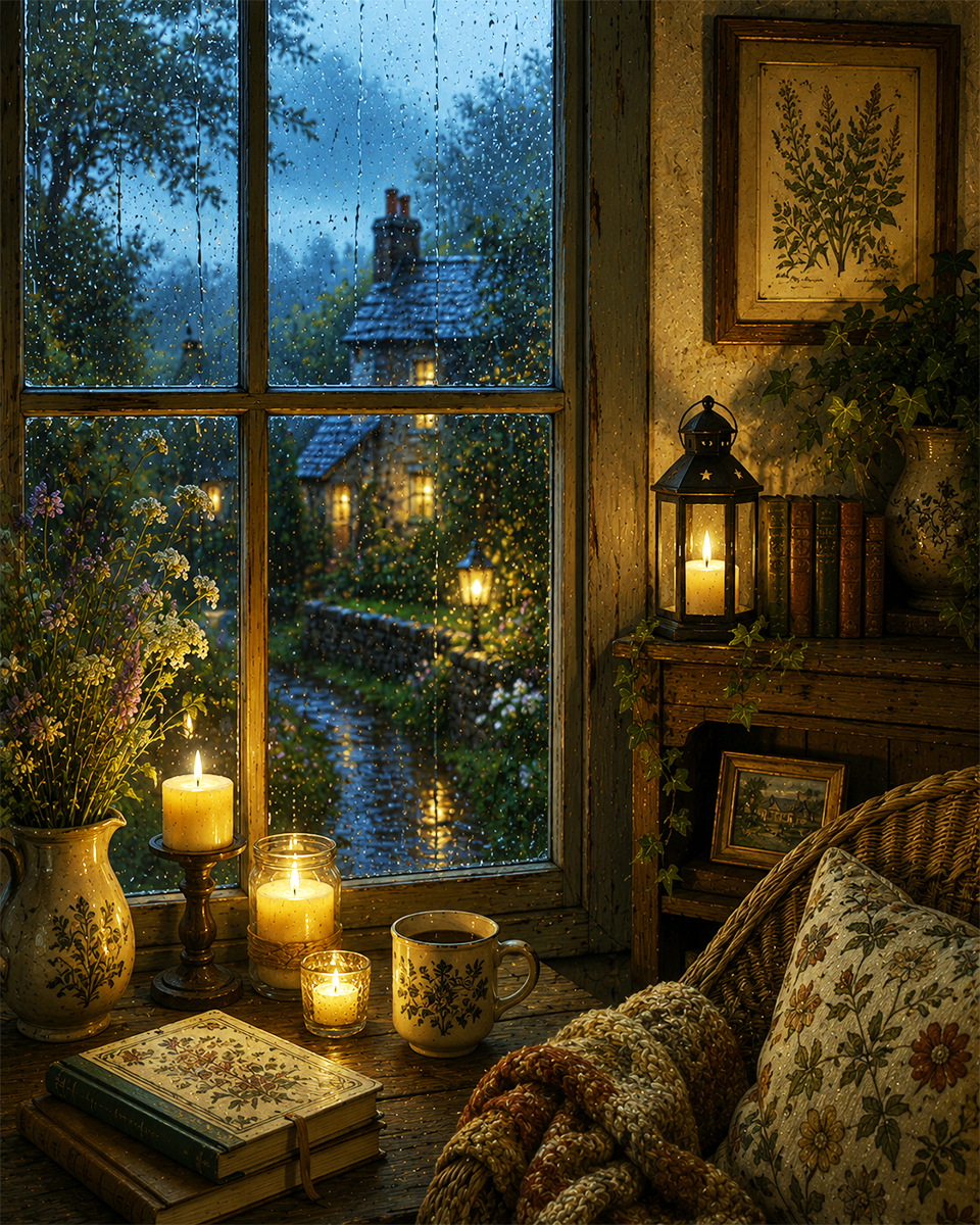 Rainy Cottage Window with Candles Glowing - Cottagecore Art Prints