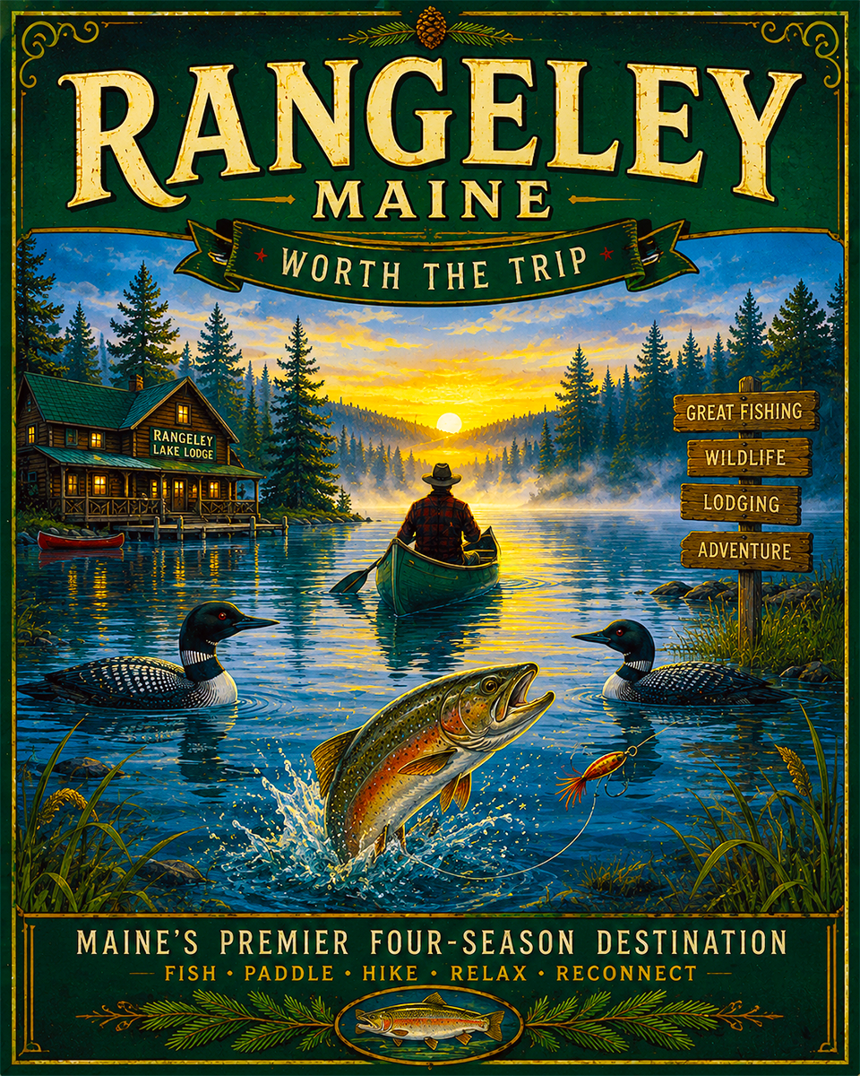 Rangely Maine Fishing Art Print - Vintage Lake and Fly Fishing Wall Decor