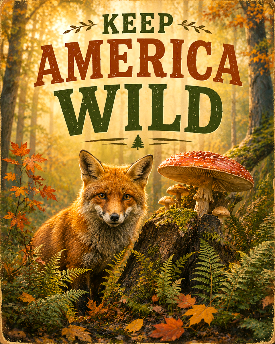 Red Fox and Amanita Mushroom - Keep America Wild Art Print - Americana Nature Artwork