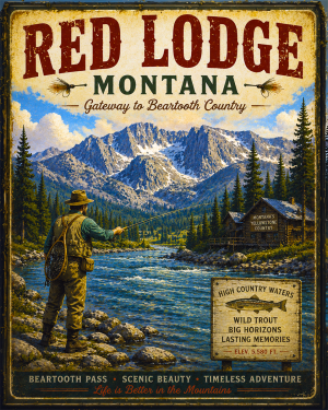 Red Lodge Montana Fishing Art Print - Vintage Lake and Fly Fishing Wall Decor