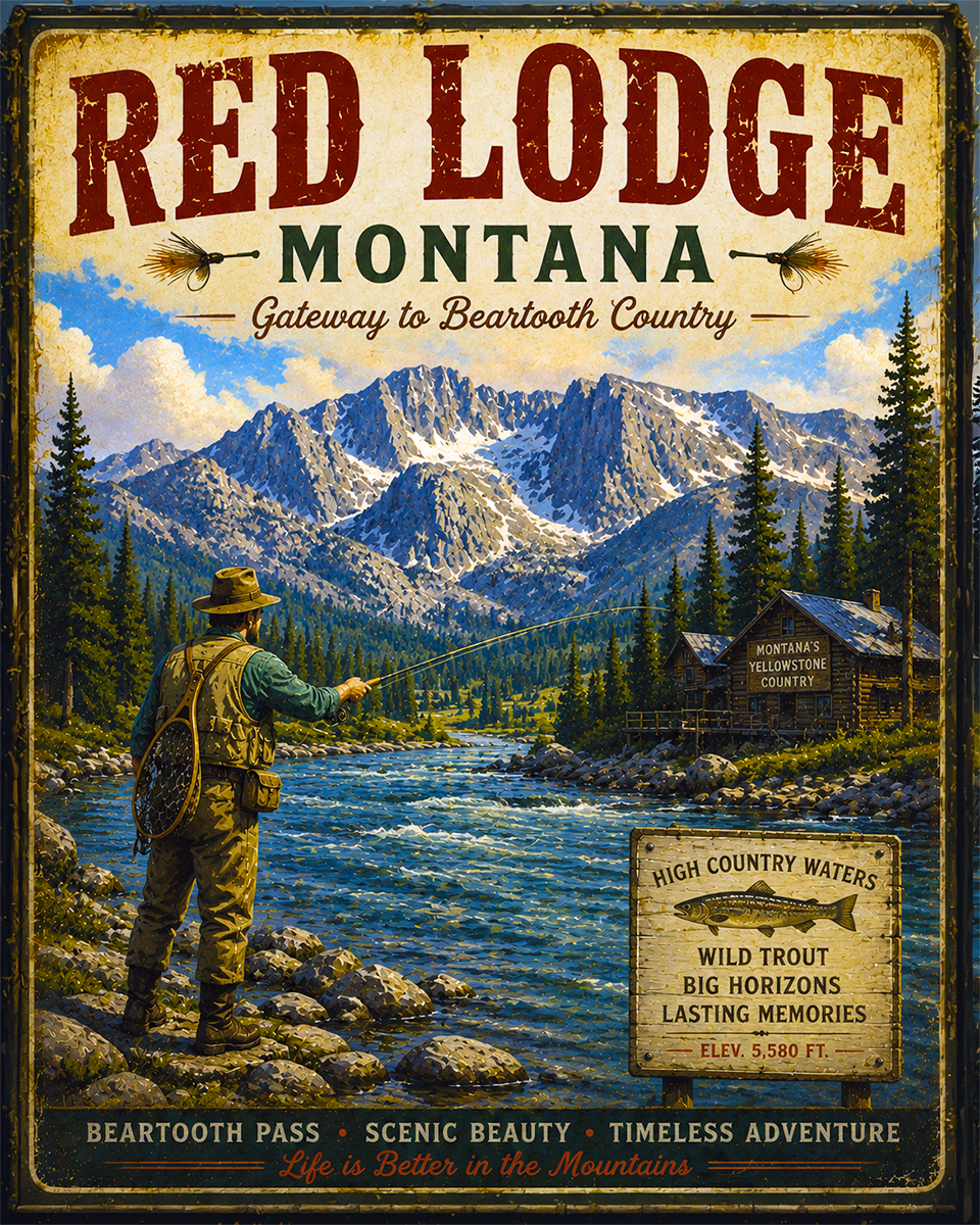 Red Lodge Montana Fishing Art Print - Vintage Lake and Fly Fishing Wall Decor