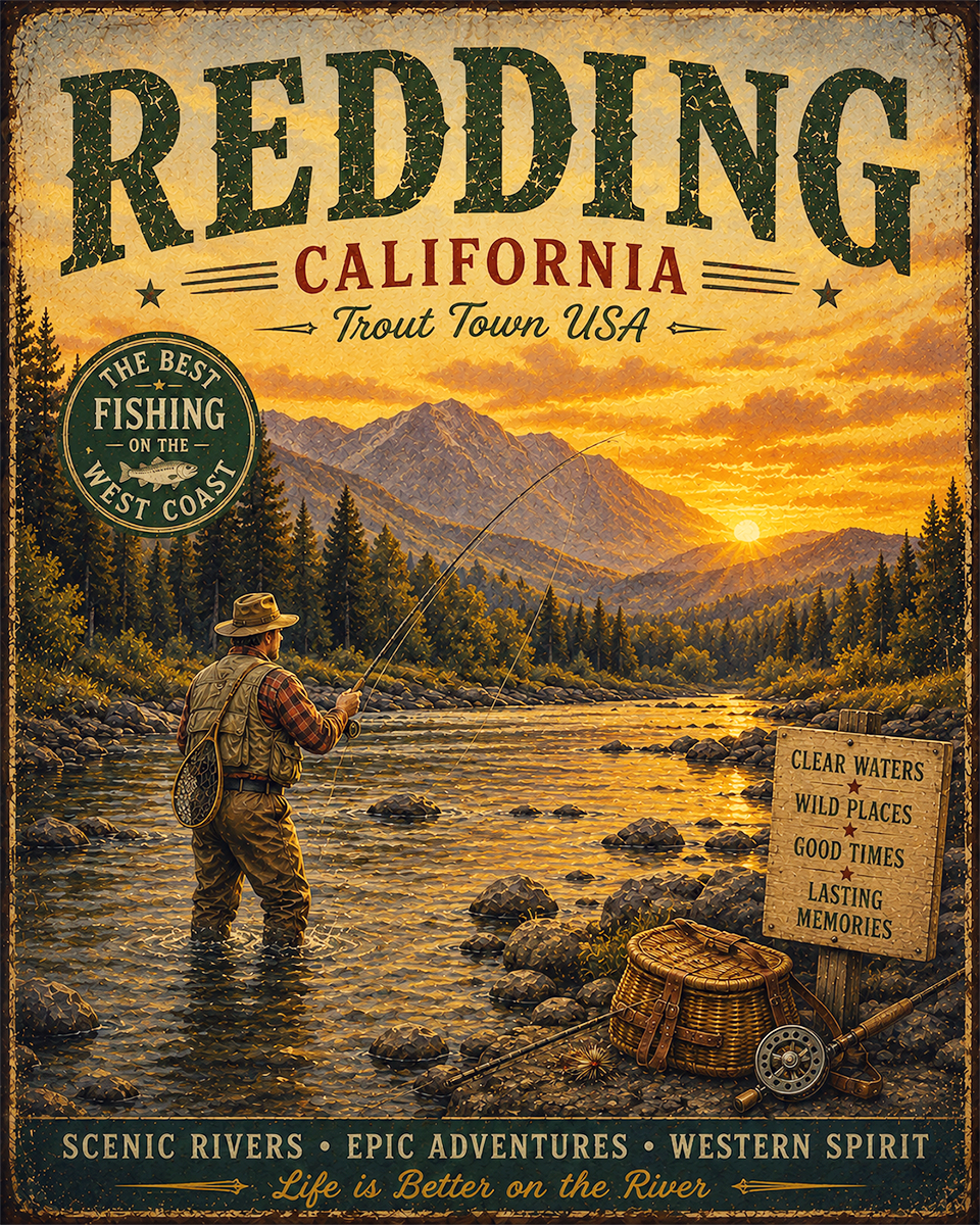 Redding Calfornia Fishing Art Print - Vintage Lake and Fly Fishing Wall Decor