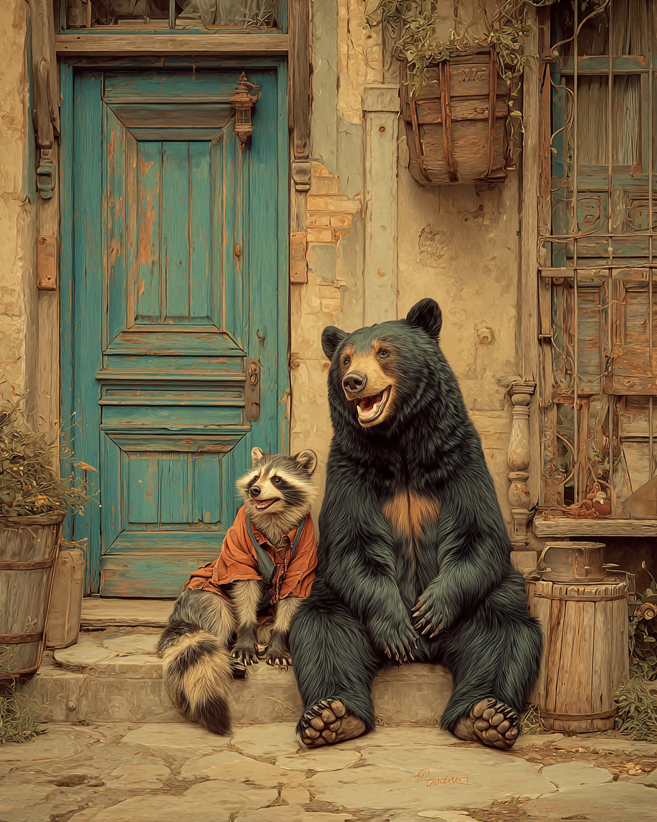 Reminiscing with Raccoon Buddy - Black Bear Art Print