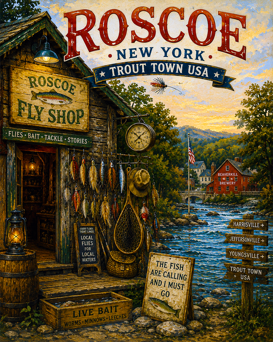 Roscoe New York Fishing Art Print - Vintage Lake and Fly Fishing Wall Decor