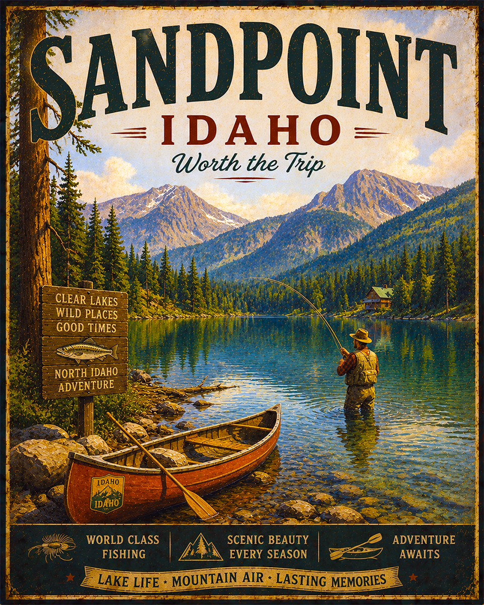 Sand Point Idaho Fishing Art Print - Vintage Lake and Fly Fishing Wall Decor