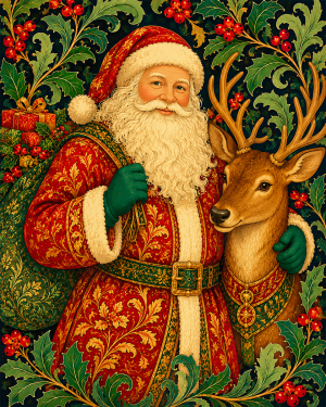 Santa Claus with Reindeer - Christmas Art Print