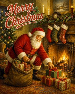 Santa Claus Setting Presents Out - Christmas Art Prints