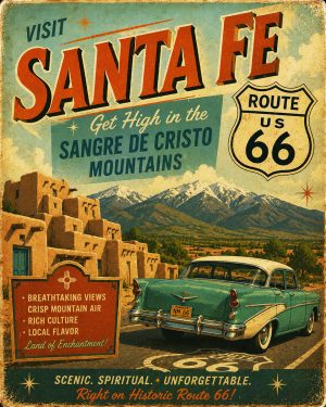 Santa Fe New Mexico - Get High in the Sangre de Christo Mountains - Route 66 Parody Poster