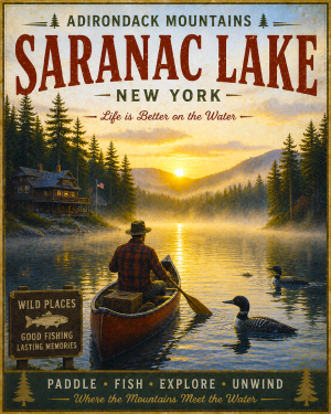 Saranac Lake New York Fishing Art Print - Vintage Lake and Fly Fishing Wall Decor