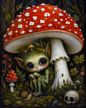 Scared Pixie Under Amanita - Mushroom Wall Art