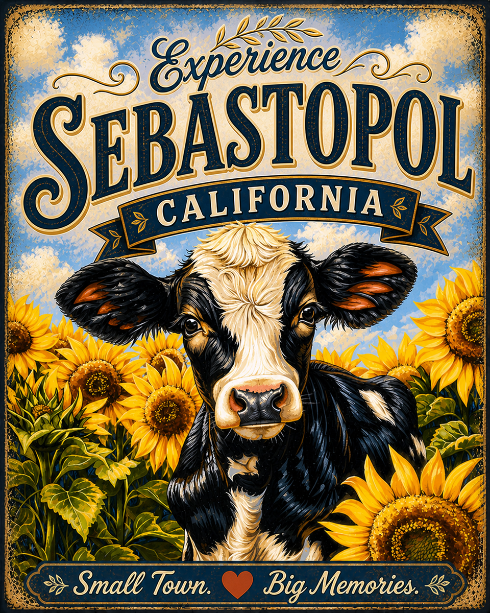 Sebastopol California - Sunflowers Cow Agri-Tourism Art Print