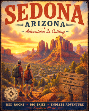 Sedona Arizona - Adventure Is Calling Art Print - Vintage Travel Poster Mountain Town Wilderness Wall Decor
