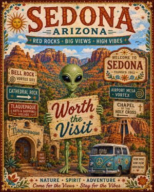 Sedona Arizona - Folk Art Style Alien Worth The Trip Art Print