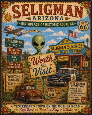 Seligman Arizona - Folk Art Style Alien Worth The Trip Art Print
