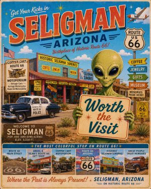 Seligman Arizona - Mid Central Modern Style Alien Worth The Trip Art Print