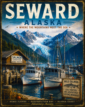 Seward Alaska Fishing Art Print - Vintage Lake and Fly Fishing Wall Decor