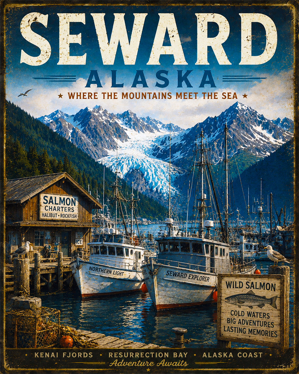 Seward Alaska Fishing Art Print - Vintage Lake and Fly Fishing Wall Decor