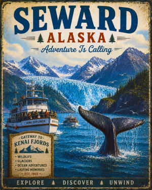 Seward Alaska - Adventure Is Calling Art Print - Vintage Travel Poster Mountain Town Wilderness Wall Decor
