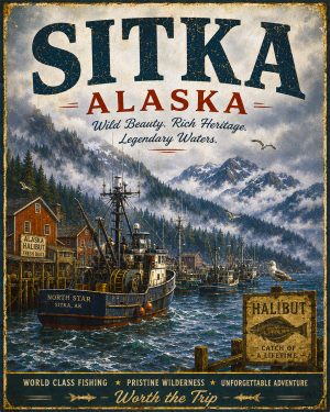 Sitka Alaska Fishing Art Print - Vintage Lake and Fly Fishing Wall Decor