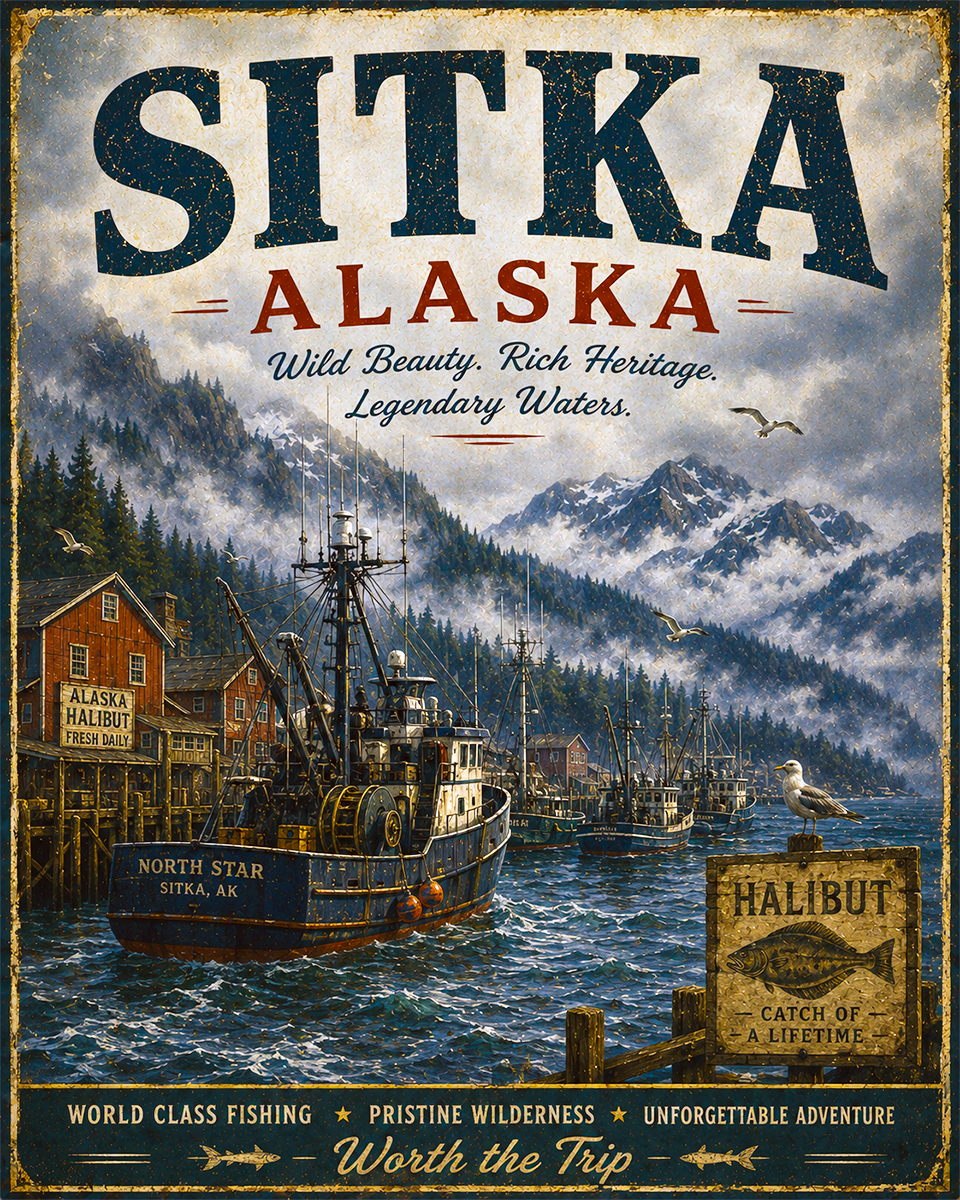 Sitka Alaska Fishing Art Print - Vintage Lake and Fly Fishing Wall Decor