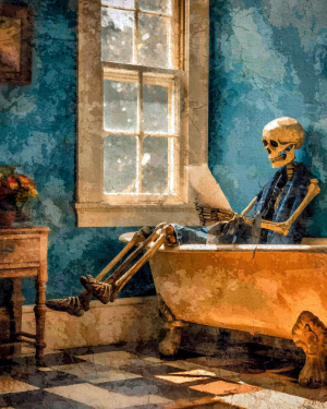 Skeleton Artwork - Taking too Long in the Bathtub - Bathroom Art