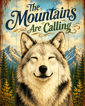 Smiling Wolf - The Mountains are Calling Art Print