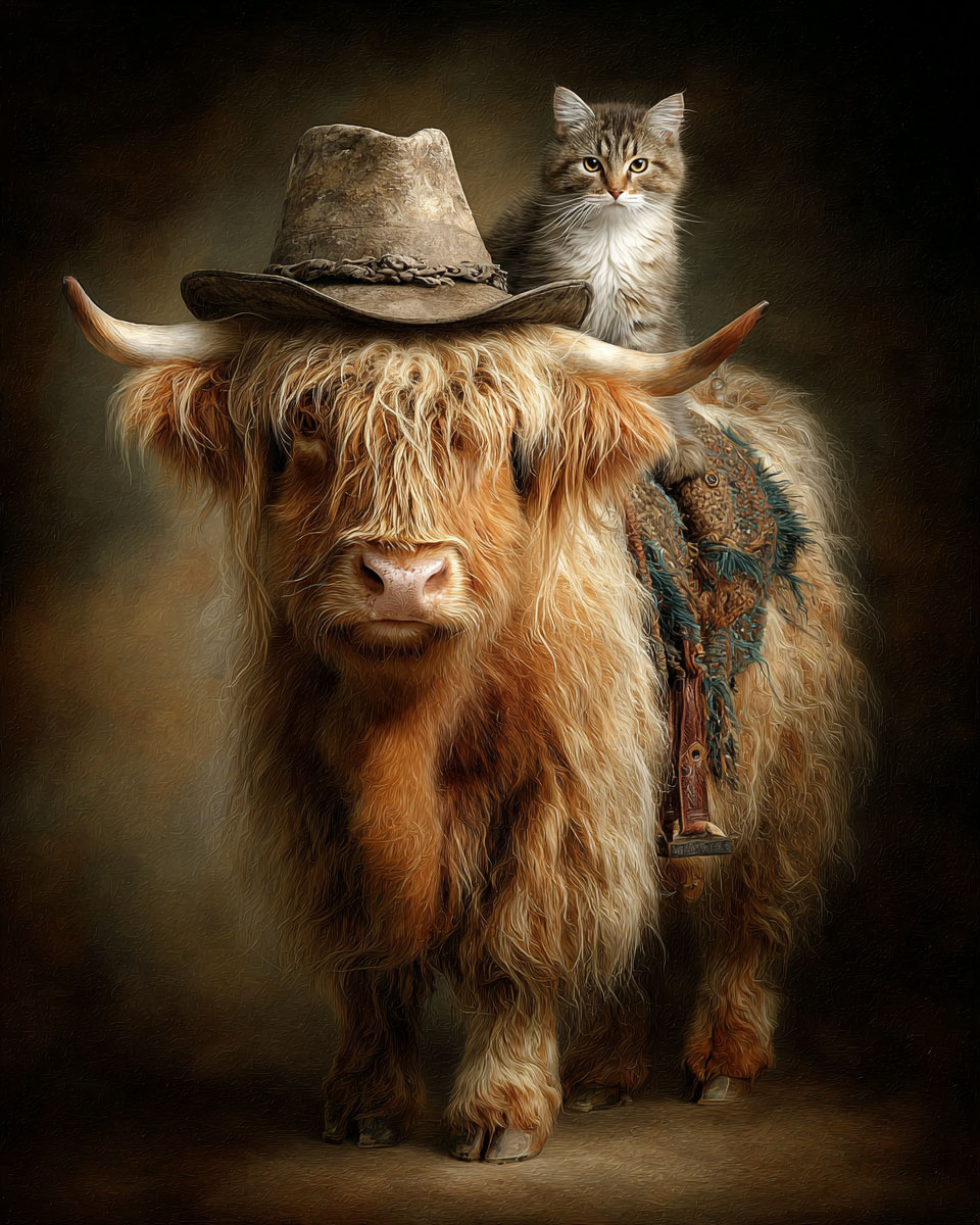 Smokey on a Highland Cow - Cats in Hats Art Print