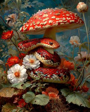 Snake Wrapped Around an Amanita Mushroom Aesthetic Art