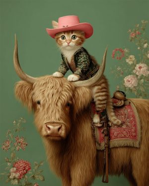 Solsito on a Highland Cow - Cats in Hats Art Print