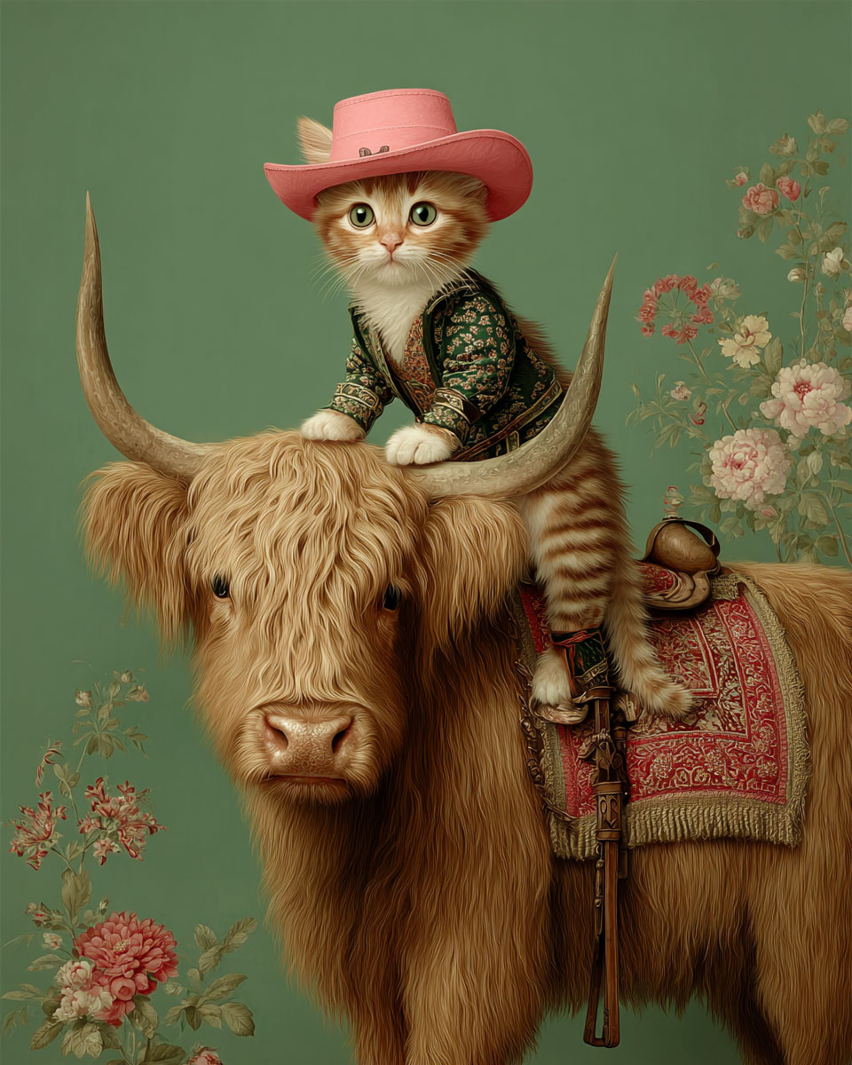 Solsito on a Highland Cow - Cats in Hats Art Print