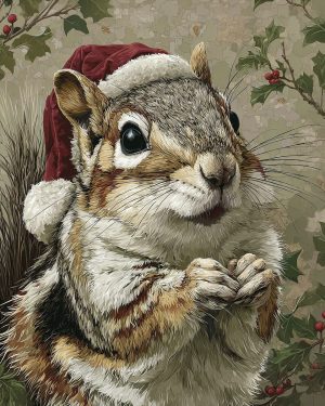 Squirrel in Santa Hat - Christmas Art Prints