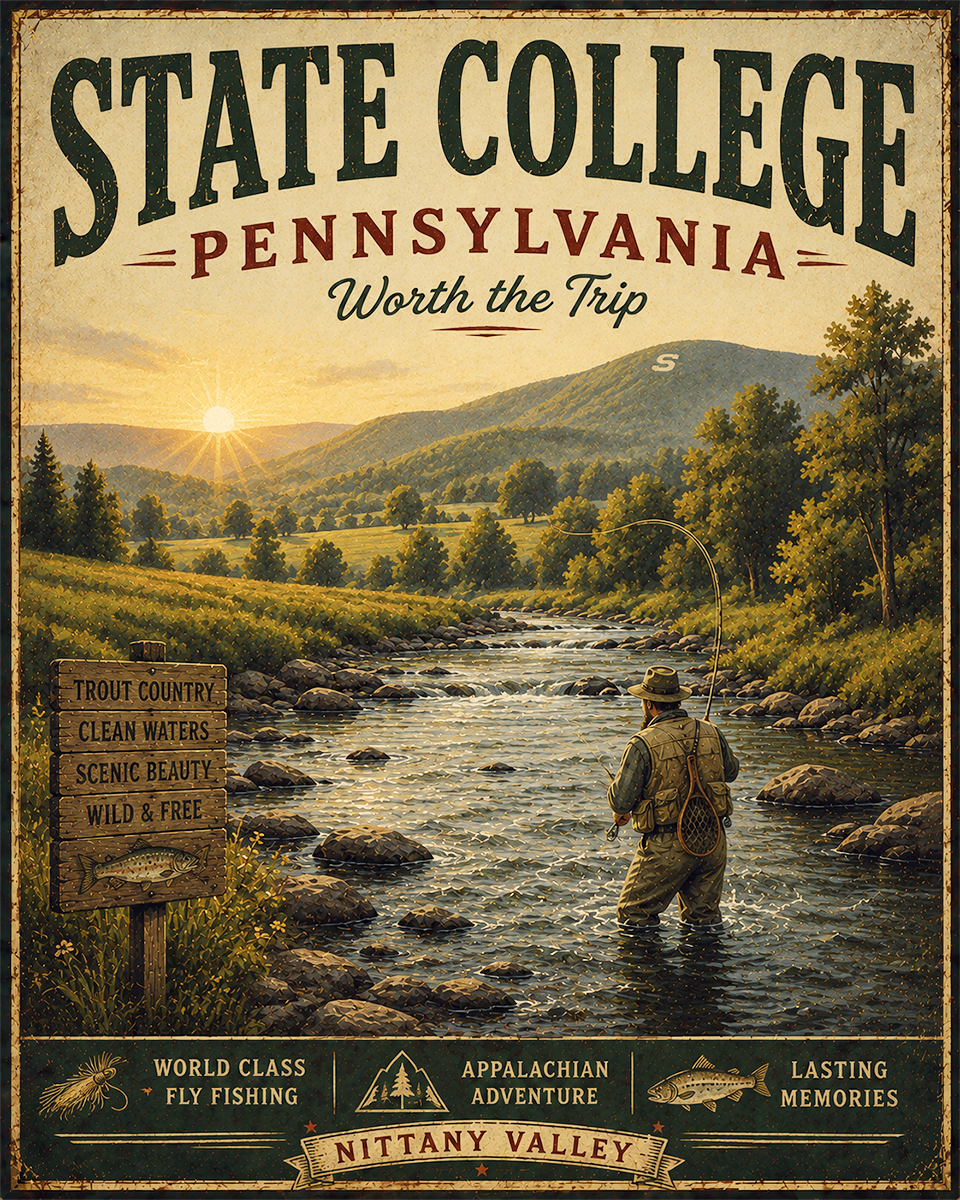 State College Pennsylvania Fishing Art Print - Vintage Lake and Fly Fishing Wall Decor