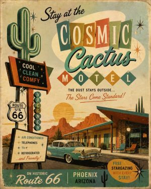 Stay at the Cosmic Cactus Motel - Route 66 Parody Poster