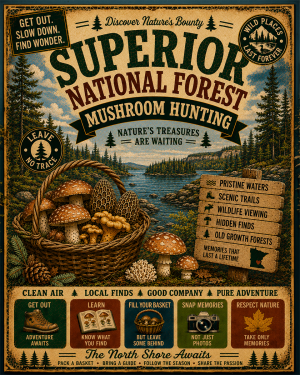 Superior National Forest - Vintage Retro Mushroom Hunting Poster Art Print