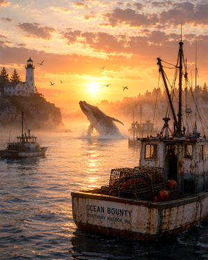 Surfacting HWhale in Harbor - Coastal Wall Art